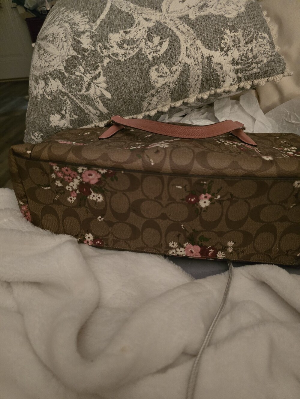 Coach Brown Floral Signature Tote with Pink Handles - Picture 2 of 5